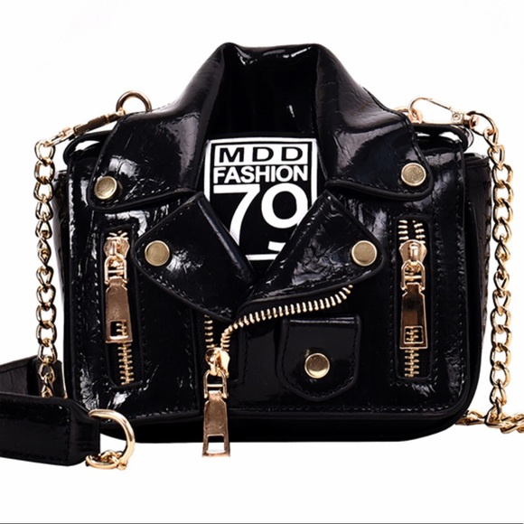 Adorable & Unique Black & Gold Motorcycle Jacket Bag! - Picture 2 of 16